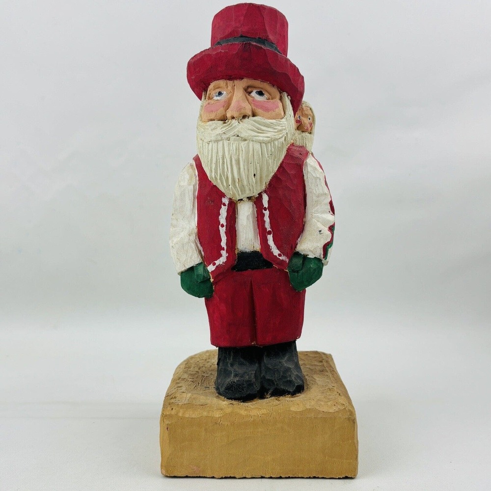 Vintage Wood Santa & Bag Figure Hand Carved Handmade Painted Signed Slim 92‎